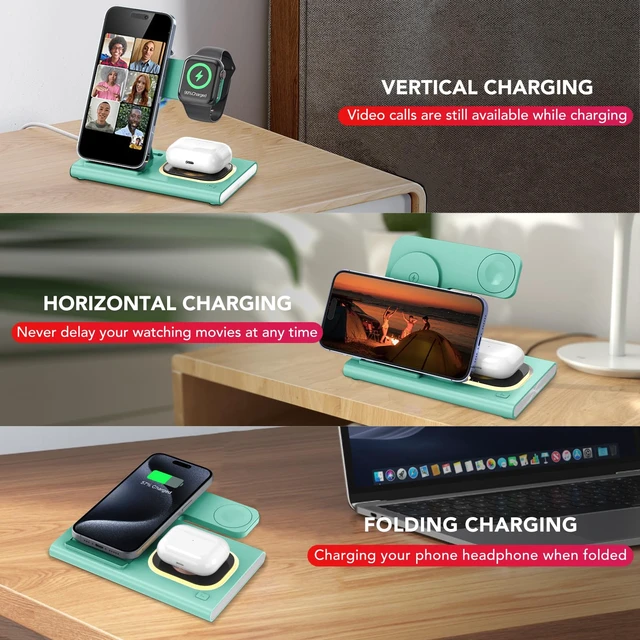 Alt view image 7 of 7 - 3 in 1 Foldable Charging Station for Apple Wireless Charger | iPhone Charging Station for iPhone 18 Pro Max,Apple Watch 12 Charger Stand, Light Nightstand Charging Dock for iWatch/Airpods