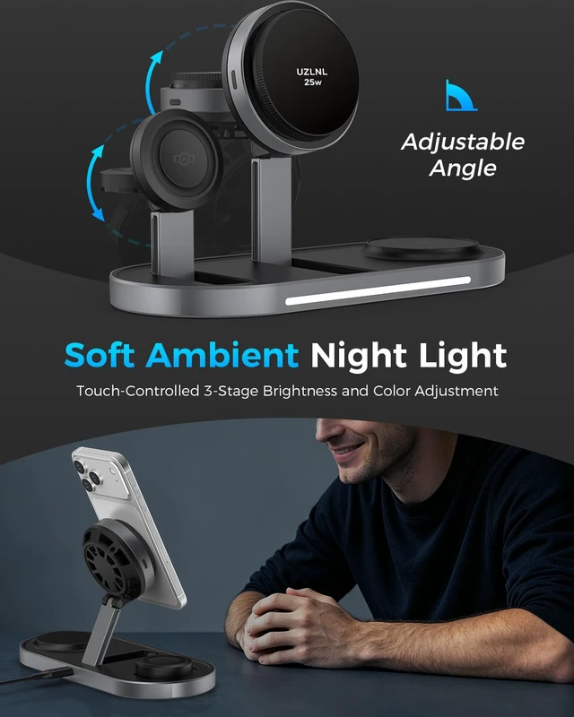 Alt view image 6 of 7 - 25W 3 in 1 Wireless Charging Station for Magsafe Charger for Apple | for iPhone 18 17 16 15 14 Pro Max,Apple Watch,Airpods,Foldable Charging Stand, Cooling Fan, Multi Device Charging, Travel