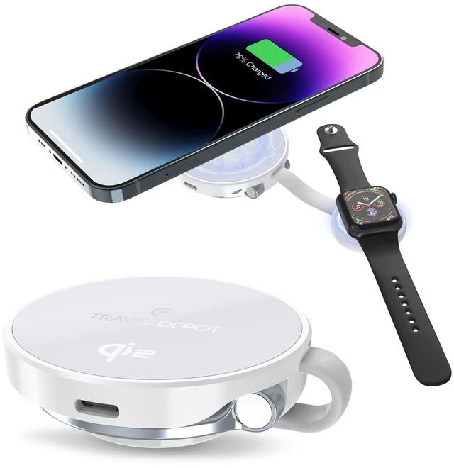 Main image of TRAVEL DEPOT Compatible w/MagSafe Charger 2-in-1 Travel Wireless Charger, QI 2 Certified 15W Magnetic Duo Charging Butterfly Puck for iPhone, Airpods, and Apple Watch, White
