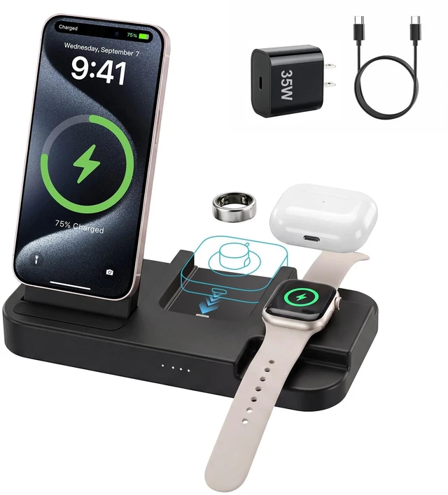 Main image of BOVIPO 4 in 1 Charger for Oura Ring Gen 5 & Gen 4 (Oura Charger NOT Included), Fast Wireless Magnetic Charging Station for iPhone, Apple Watch, AirPods, Samsung Galaxy
