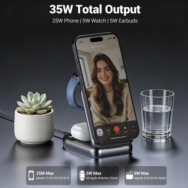 Alt view image 2 of 7 - Qi2.2 25W Wireless 3 in 1 Fast Charging Station Apple iPhone Charger Stand | Qi Certified Foldable MagSafe Charger, Travel Charger for iPhone 18/17/16, 5W for Watch&AirPods (+60W Adapter 240W Cable )