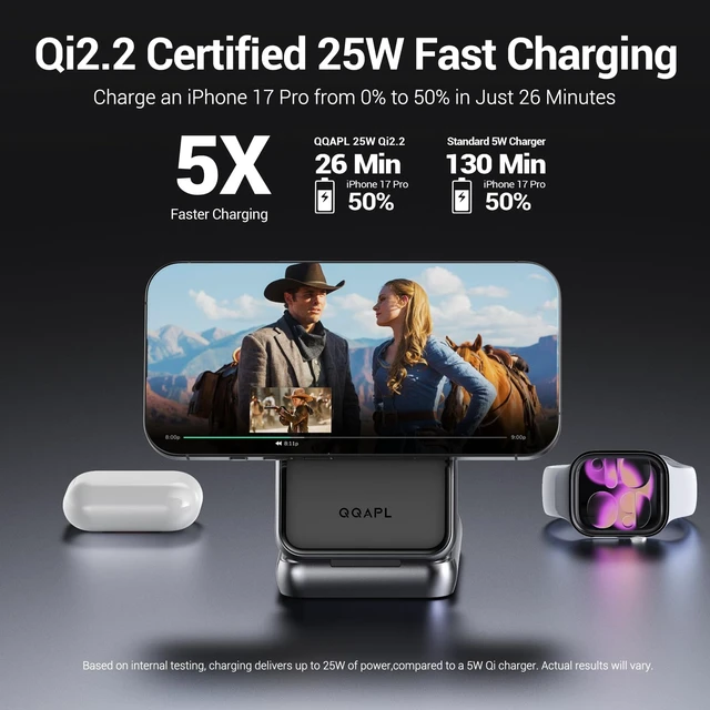 Alt view image 3 of 7 - Qi2.2 25W Wireless 3 in 1 Fast Charging Station Apple iPhone Charger Stand | Qi Certified Foldable MagSafe Charger, Travel Charger for iPhone 18/17/16, 5W for Watch&AirPods (+60W Adapter 240W Cable )