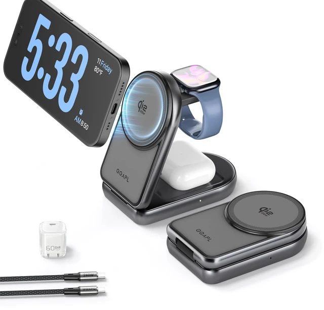 Main image of Qi2.2 25W Wireless 3 in 1 Fast Charging Station Apple iPhone Charger Stand | Qi Certified Foldable MagSafe Charger, Travel Charger for iPhone 18/17/16, 5W for Watch&AirPods (+60W Adapter 240W Cable )