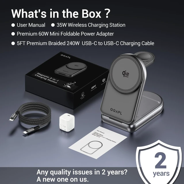 Alt view image 6 of 7 - Qi2.2 25W Wireless 3 in 1 Fast Charging Station Apple iPhone Charger Stand | Qi Certified Foldable MagSafe Charger, Travel Charger for iPhone 18/17/16, 5W for Watch&AirPods (+60W Adapter 240W Cable )