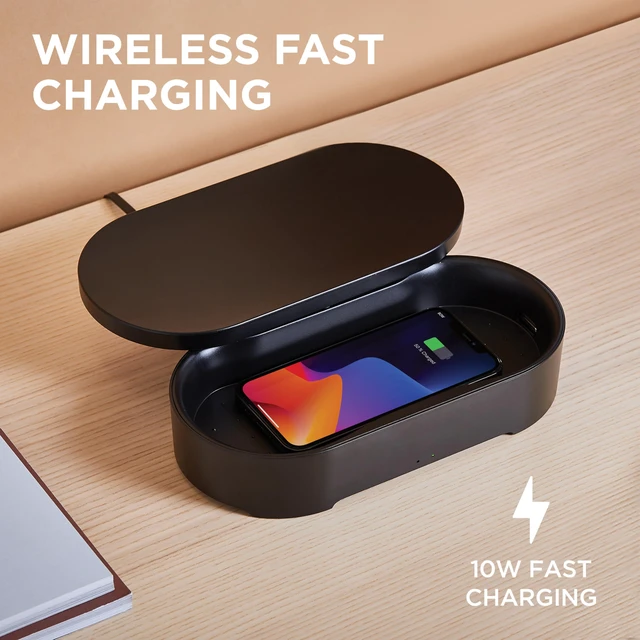 Alt view image 3 of 7 - Lexon UV Phone Sanitizer Machine & Wireless Charger - OBLIO Box QI Fast Charging and 360° UV-C Light Cellphone Cleaner, Glasses, Keys, Makeup Brush, Tools, All that Fits in - White