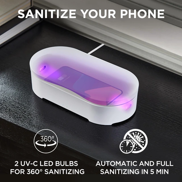 Alt view image 2 of 7 - Lexon UV Phone Sanitizer Machine & Wireless Charger - OBLIO Box QI Fast Charging and 360° UV-C Light Cellphone Cleaner, Glasses, Keys, Makeup Brush, Tools, All that Fits in - White