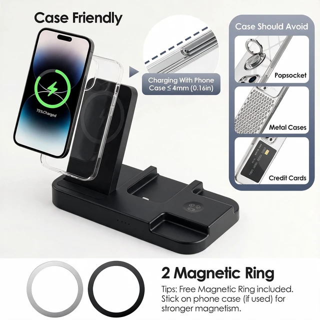 Alt view image 5 of 7 - BOVIPO 4 in 1 Charger for Oura Ring Gen 5 & Gen 4 (Oura Charger NOT Included), Fast Wireless Magnetic Charging Station for iPhone, Apple Watch, AirPods, Samsung Galaxy