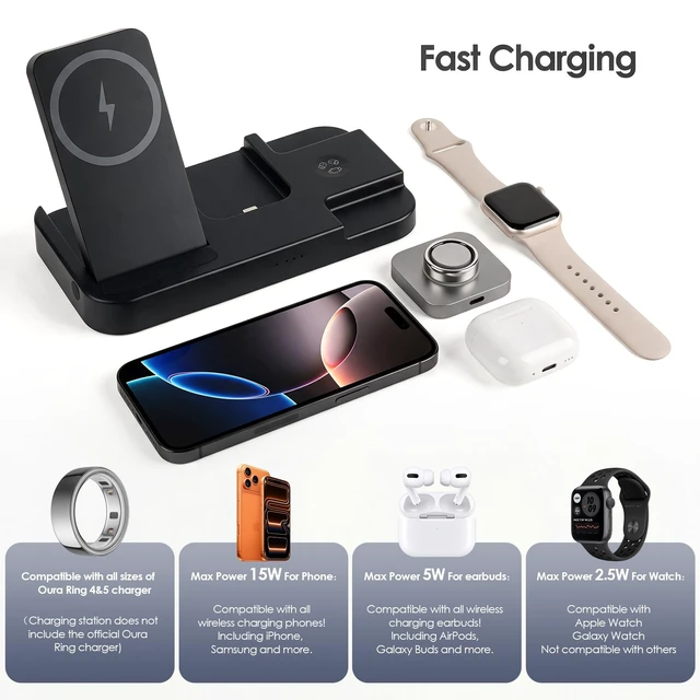 Alt view image 6 of 7 - BOVIPO 4 in 1 Charger for Oura Ring Gen 5 & Gen 4 (Oura Charger NOT Included), Fast Wireless Magnetic Charging Station for iPhone, Apple Watch, AirPods, Samsung Galaxy