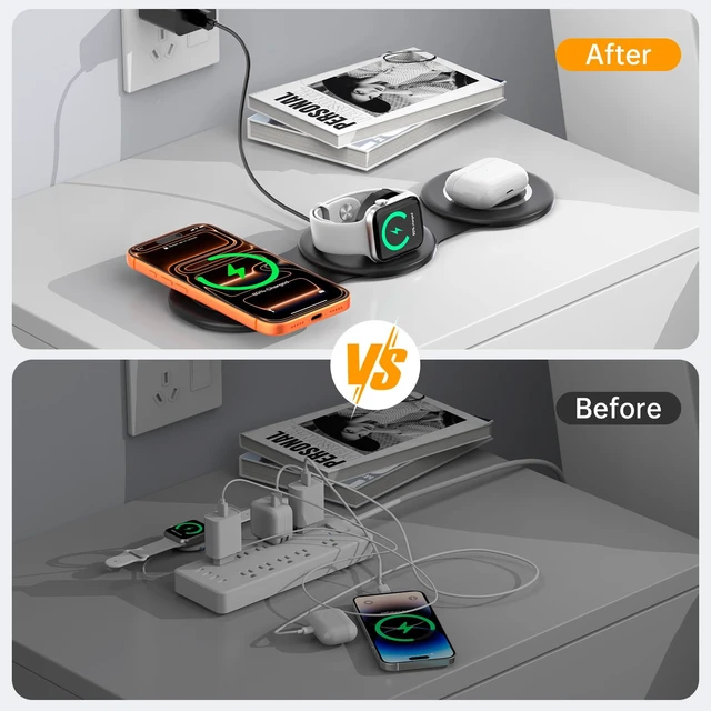 Alt view image 4 of 7 - Foldable 3 in 1 Wireless Charging Station for Apple Magsafe Charger Stand | Fast Charge Stand for iPhone 18/17/16/15/14/13/12/11 iWatch Airpods Series No Tangled Cables Ideal for Travel/Portable