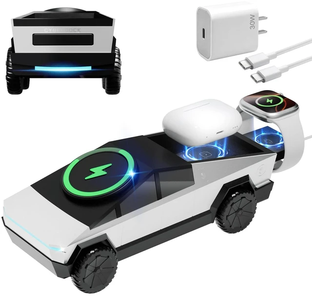 Main image of CyberDock 3-in-1 Wireless Charging Station, Qi2 Certified 15W Magnetic Charger for iPhone, Apple Watch & AirPods, Cybertruck-Inspired Design, Auto-Rotating Stand, Pop-Out Watch Charger, 30W Adapter