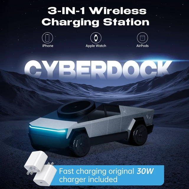 Alt view image 3 of 7 - CyberDock 3-in-1 Wireless Charging Station, Qi2 Certified 15W Magnetic Charger for iPhone, Apple Watch & AirPods, Cybertruck-Inspired Design, Auto-Rotating Stand, Pop-Out Watch Charger, 30W Adapter