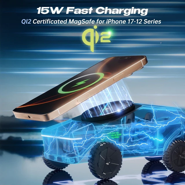Alt view image 4 of 7 - CyberDock 3-in-1 Wireless Charging Station, Qi2 Certified 15W Magnetic Charger for iPhone, Apple Watch & AirPods, Cybertruck-Inspired Design, Auto-Rotating Stand, Pop-Out Watch Charger, 30W Adapter