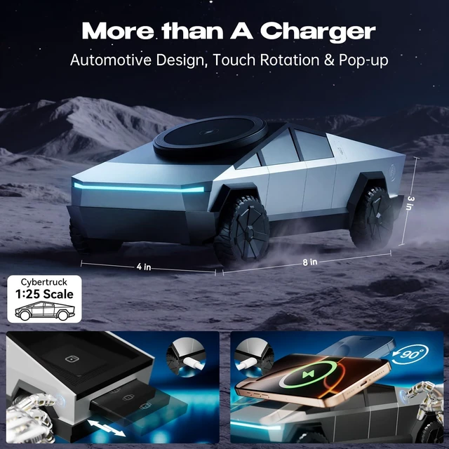 Alt view image 5 of 7 - CyberDock 3-in-1 Wireless Charging Station, Qi2 Certified 15W Magnetic Charger for iPhone, Apple Watch & AirPods, Cybertruck-Inspired Design, Auto-Rotating Stand, Pop-Out Watch Charger, 30W Adapter
