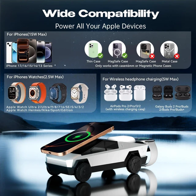 Alt view image 7 of 7 - CyberDock 3-in-1 Wireless Charging Station, Qi2 Certified 15W Magnetic Charger for iPhone, Apple Watch & AirPods, Cybertruck-Inspired Design, Auto-Rotating Stand, Pop-Out Watch Charger, 30W Adapter