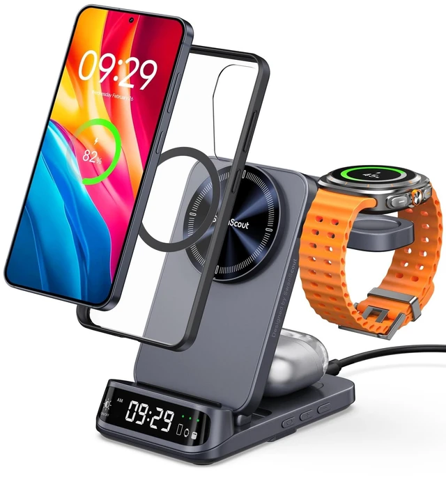 Main image of 3-in-1 Magnetic Wireless Charger for Samsung Z Fold 8 (Ultra), Galaxy Watch | Must use magnetic case, not for Watch Ultra 2/9, for S26-S23 & Z Fold/Flip, Dimmable LED Clock, Foldable, SwanScout 708SM