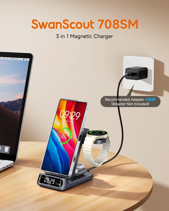 Alt view image 2 of 7 - 3-in-1 Magnetic Wireless Charger for Samsung Z Fold 8 (Ultra), Galaxy Watch | Must use magnetic case, not for Watch Ultra 2/9, for S26-S23 & Z Fold/Flip, Dimmable LED Clock, Foldable, SwanScout 708SM