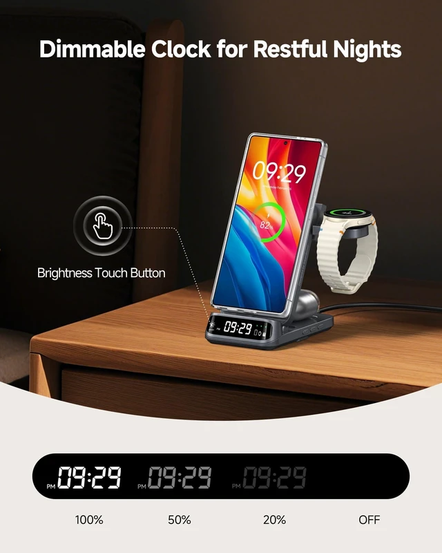 Alt view image 5 of 7 - 3-in-1 Magnetic Wireless Charger for Samsung Z Fold 8 (Ultra), Galaxy Watch | Must use magnetic case, not for Watch Ultra 2/9, for S26-S23 & Z Fold/Flip, Dimmable LED Clock, Foldable, SwanScout 708SM