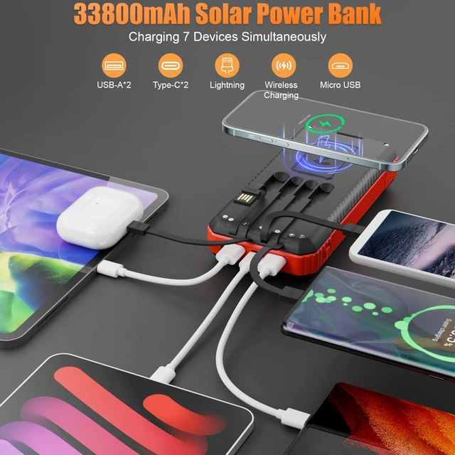 Alt view image 2 of 6 - Solar Power Bank 33800mAh Portable Charger for Camping/Hiking(Red) | Fast Charging,4 Built in Cable,Flashlight/Compass,Wireless Charging,7 Outputs & 4 Inputs Multi Device Charging,Waterproof
