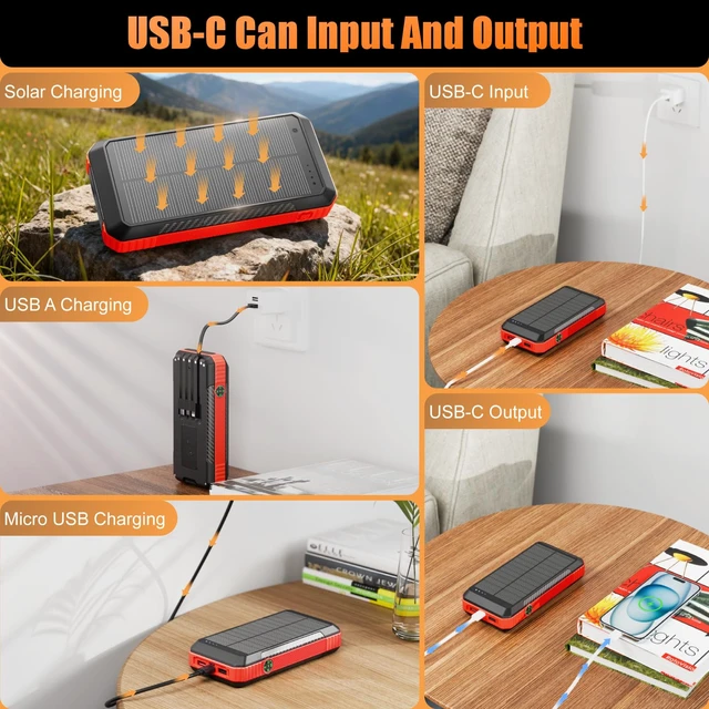 Alt view image 3 of 6 - Solar Power Bank 33800mAh Portable Charger for Camping/Hiking(Red) | Fast Charging,4 Built in Cable,Flashlight/Compass,Wireless Charging,7 Outputs & 4 Inputs Multi Device Charging,Waterproof