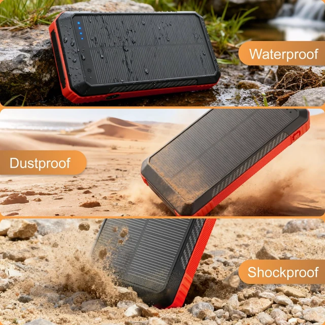 Alt view image 4 of 6 - Solar Power Bank 33800mAh Portable Charger for Camping/Hiking(Red) | Fast Charging,4 Built in Cable,Flashlight/Compass,Wireless Charging,7 Outputs & 4 Inputs Multi Device Charging,Waterproof