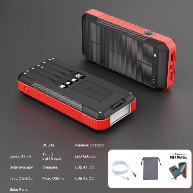 Alt view image 6 of 6 - Solar Power Bank 33800mAh Portable Charger for Camping/Hiking(Red) | Fast Charging,4 Built in Cable,Flashlight/Compass,Wireless Charging,7 Outputs & 4 Inputs Multi Device Charging,Waterproof