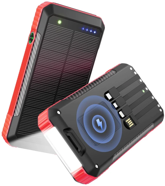 Main image of Solar Power Bank 33800mAh Portable Charger for Camping/Hiking(Red) | Fast Charging,4 Built in Cable,Flashlight/Compass,Wireless Charging,7 Outputs & 4 Inputs Multi Device Charging,Waterproof