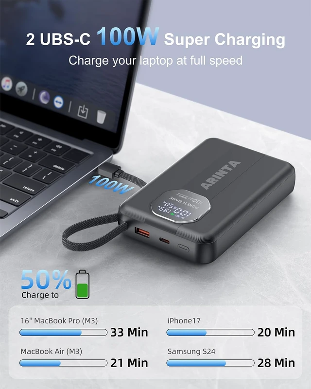 Alt view image 2 of 7 - Laptop Power Bank 20000mAh 100W Portable Charger with Built-in USB-C Cable | Travel Essentials, Birthday Gifts For Women Men, USB-C Input/Output Battery Pack for Laptops, MacBook, Smartphones, Tablets