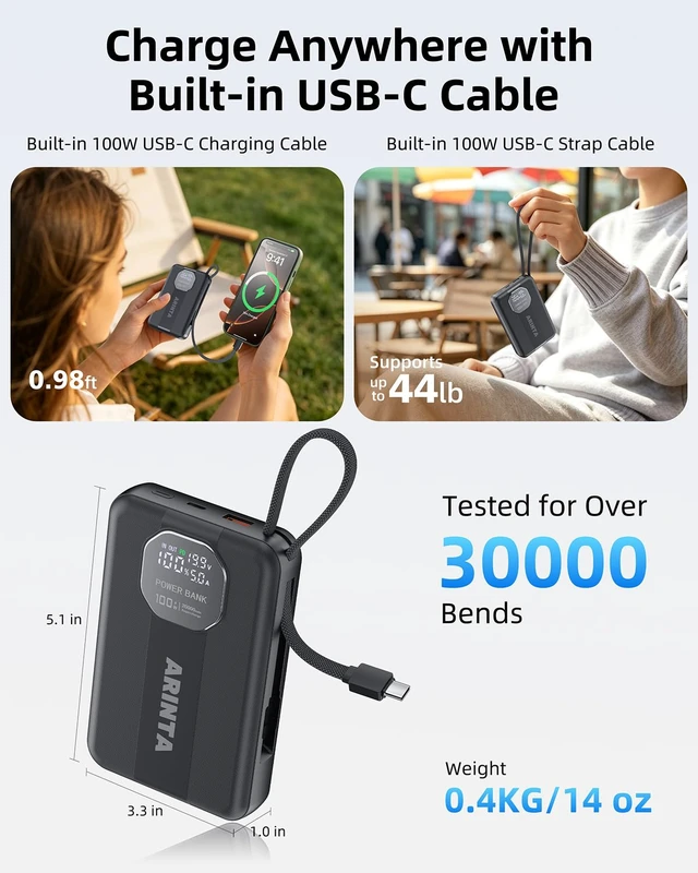 Alt view image 3 of 7 - Laptop Power Bank 20000mAh 100W Portable Charger with Built-in USB-C Cable | Travel Essentials, Birthday Gifts For Women Men, USB-C Input/Output Battery Pack for Laptops, MacBook, Smartphones, Tablets