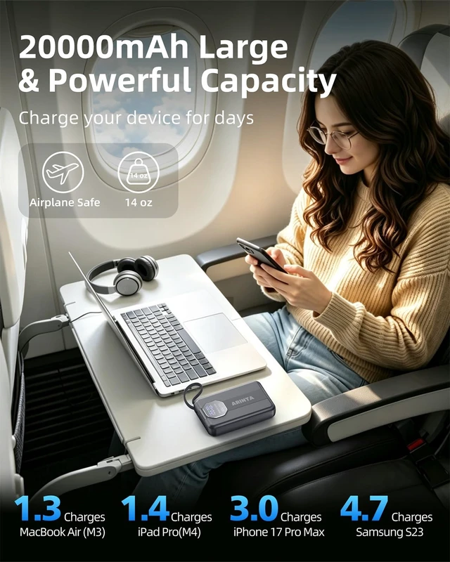 Alt view image 7 of 7 - Laptop Power Bank 20000mAh 100W Portable Charger with Built-in USB-C Cable | Travel Essentials, Birthday Gifts For Women Men, USB-C Input/Output Battery Pack for Laptops, MacBook, Smartphones, Tablets