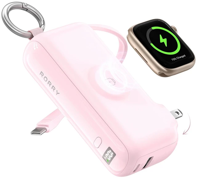 Main image of RORRY Flow Portable Charger with Wall Plug 10000mAh 40W Power Bank | Built-in USB-C Cable, Fast Charging, Keychain Battery Pack for iPhone 18 Pro/17/16/15, Apple Watch, iPad, Travel Essential