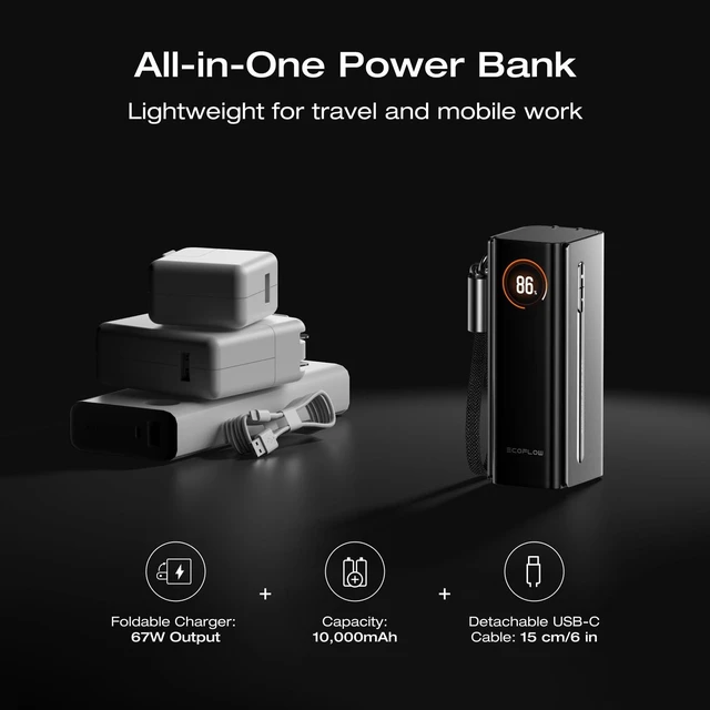 Alt view image 2 of 7 - ECOFLOW RAPID Pro Power Bank with 67W Wall Plug, 10,000mAh 3-in-1 Portable Charger with Built-in USB-C Cable, 45W Fast Recharging, Travel Essentials for iPhone 17/16 Series, Galaxy, Laptops, and More