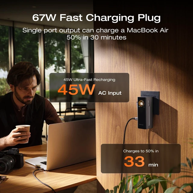 Alt view image 3 of 7 - ECOFLOW RAPID Pro Power Bank with 67W Wall Plug, 10,000mAh 3-in-1 Portable Charger with Built-in USB-C Cable, 45W Fast Recharging, Travel Essentials for iPhone 17/16 Series, Galaxy, Laptops, and More
