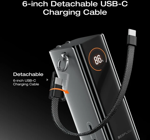 Alt view image 6 of 7 - ECOFLOW RAPID Pro Power Bank with 67W Wall Plug, 10,000mAh 3-in-1 Portable Charger with Built-in USB-C Cable, 45W Fast Recharging, Travel Essentials for iPhone 17/16 Series, Galaxy, Laptops, and More