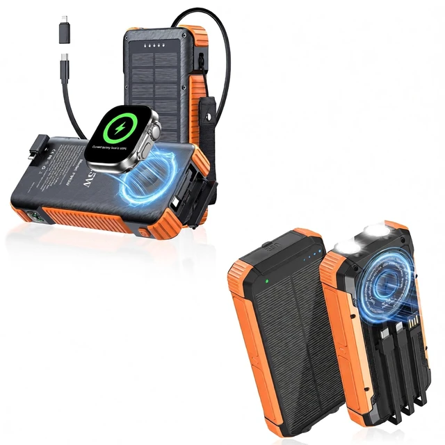 Main image of ERRBBIC 2-Pack Solar Power Bank, 20000mAh Emergency Battery | Two 20000mAh power banks. MagSafe 3-in-1 wireless charging, built-in cables, LED display, dual flashlights with SOS.