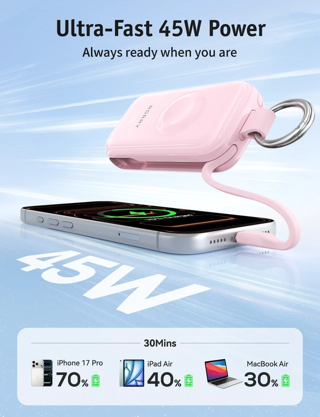 Alt view image 3 of 7 - RORRY CharmGo Portable Charger 45W Fast Charging with Built-in Cables PalmGo Portable Charger 22.5W, 10000mAh Mini Power Bank with Built-in USB C Connector