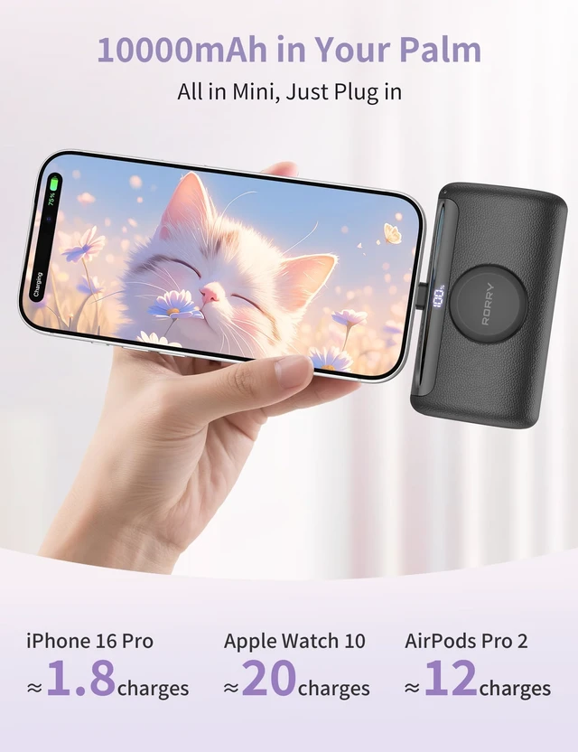Alt view image 6 of 7 - RORRY CharmGo Portable Charger 45W Fast Charging with Built-in Cables PalmGo Portable Charger 22.5W, 10000mAh Mini Power Bank with Built-in USB C Connector