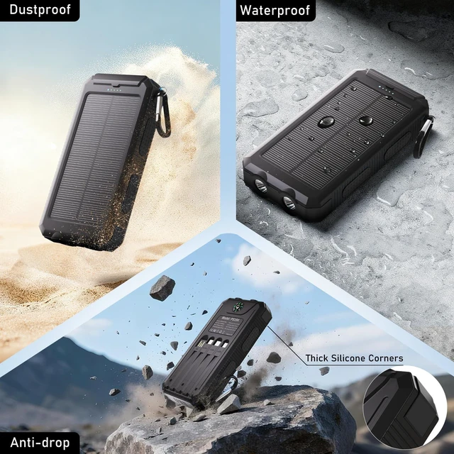Alt view image 7 of 7 - Durecopow 20,000mAh Solar Charger Power Bank *2 Pack(Green+Black) | Portable Charger, 4 Cables 3 Ports Fast Charging External Battery Pack with USB C for Cell Phones, Solar Panel Charger