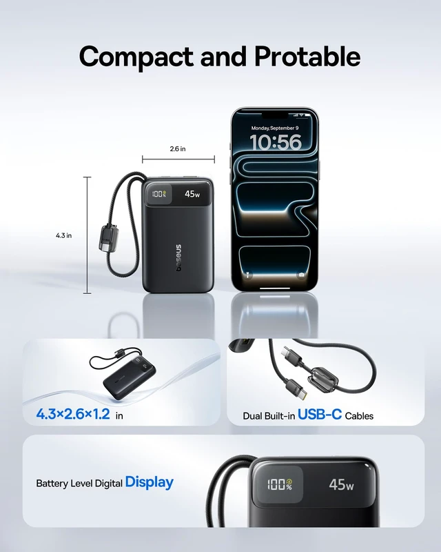 Alt view image 6 of 7 - Baseus Qi2 Certified 15W Wireless Magnetic Power Bank 10000mAh, Bundle with 20000mAh Compact Portable Charger 45W, CCC Certified Power Bank Built-in USB-C Cables