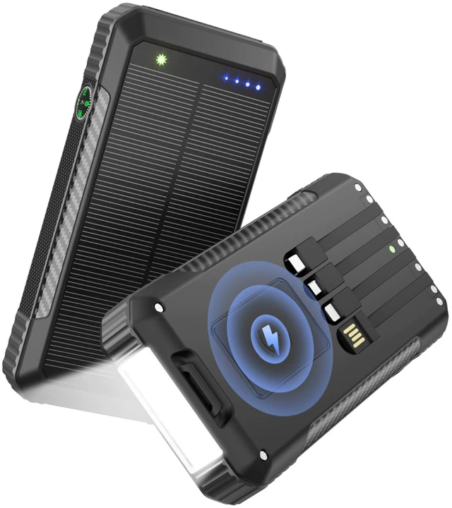 Main image of Solar Power Bank 33800mAh Portable Charger for Camping/Hiking(Black) | Fast Charging,4 Built in Cable,Flashlight/Compass,Wireless Charging,7 Outputs & 4 Inputs Multi Device Charging,Waterproof