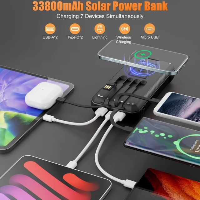 Alt view image 2 of 6 - Solar Power Bank 33800mAh Portable Charger for Camping/Hiking(Black) | Fast Charging,4 Built in Cable,Flashlight/Compass,Wireless Charging,7 Outputs & 4 Inputs Multi Device Charging,Waterproof