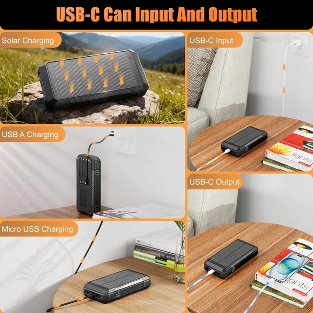 Alt view image 3 of 6 - Solar Power Bank 33800mAh Portable Charger for Camping/Hiking(Black) | Fast Charging,4 Built in Cable,Flashlight/Compass,Wireless Charging,7 Outputs & 4 Inputs Multi Device Charging,Waterproof