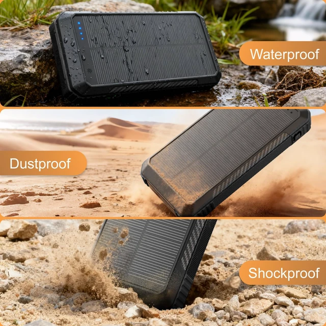 Alt view image 5 of 6 - Solar Power Bank 33800mAh Portable Charger for Camping/Hiking(Black) | Fast Charging,4 Built in Cable,Flashlight/Compass,Wireless Charging,7 Outputs & 4 Inputs Multi Device Charging,Waterproof