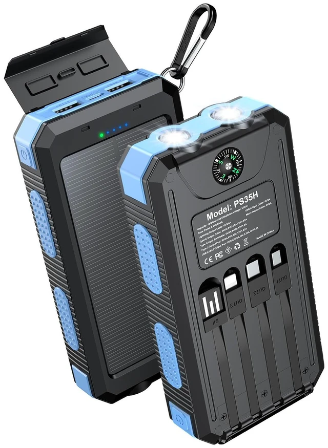 Main image of Solar Charger Power Bank 10000mAh, 22.5W Fast Charging Portable Charge | Built in 4 Cable(Micro/USB-C/iOS Output Cable,USB-A Input Cable) & 3 Ports with Dual Flashlight for Camping Travel