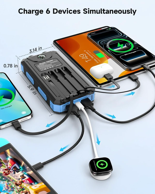 Alt view image 6 of 7 - Solar Charger Power Bank 10000mAh, 22.5W Fast Charging Portable Charge | Built in 4 Cable(Micro/USB-C/iOS Output Cable,USB-A Input Cable) & 3 Ports with Dual Flashlight for Camping Travel