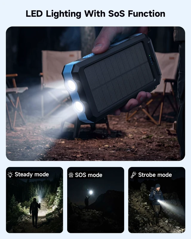 Alt view image 7 of 7 - Solar Charger Power Bank 10000mAh, 22.5W Fast Charging Portable Charge | Built in 4 Cable(Micro/USB-C/iOS Output Cable,USB-A Input Cable) & 3 Ports with Dual Flashlight for Camping Travel