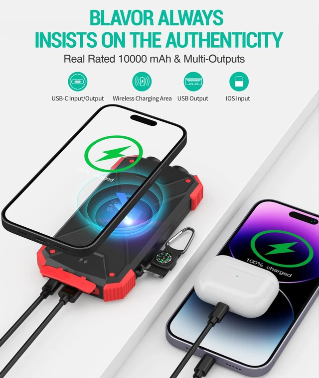 Alt view image 7 of 7 - 2 Pack BLAVOR Solar Charger Power Bank 10,000mAh, Portable Wireless Charger, 20W Fast Charging External Battery Pack with USB C for Cell Phones