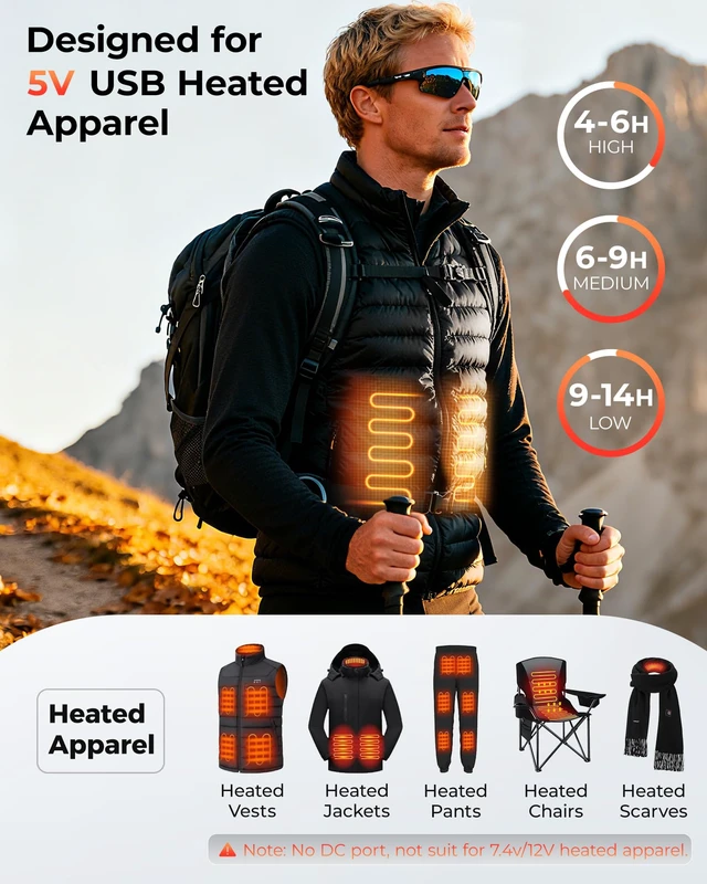 Alt view image 2 of 6 - Heated Vest Battery Pack, 5V 2A/3A 12000mAh Power Bank for Heated Vest | With LED Display|Compact and Small Size |Battery Pack for Soleilwear,KOVNLO and TIDEWE