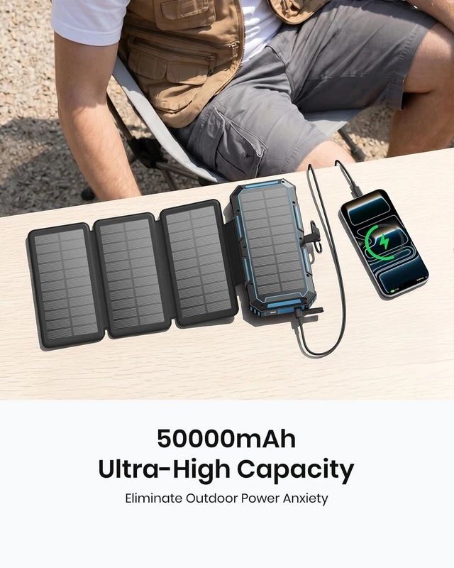 Alt view image 3 of 7 - FEELLE Solar Power Bank 50000mAh Magnetic Portable Charger with Hand Crank | Built in 4 Cables & 4 Solar Panels, PD QC 3.0 Fast Charging Battery Pack, Flashlight for Outdoor, Charge 6 Devices at Once