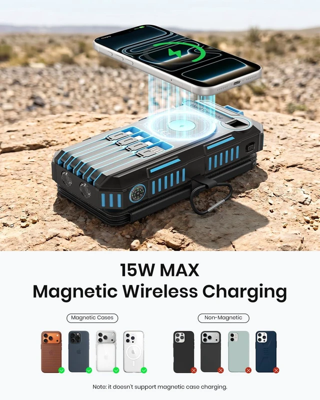 Alt view image 4 of 7 - FEELLE Solar Power Bank 50000mAh Magnetic Portable Charger with Hand Crank | Built in 4 Cables & 4 Solar Panels, PD QC 3.0 Fast Charging Battery Pack, Flashlight for Outdoor, Charge 6 Devices at Once