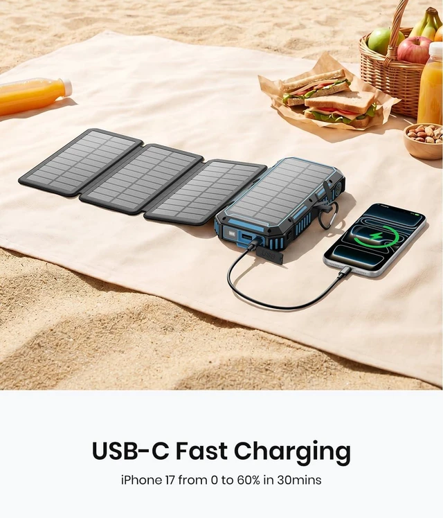 Alt view image 7 of 7 - FEELLE Solar Power Bank 50000mAh Magnetic Portable Charger with Hand Crank | Built in 4 Cables & 4 Solar Panels, PD QC 3.0 Fast Charging Battery Pack, Flashlight for Outdoor, Charge 6 Devices at Once